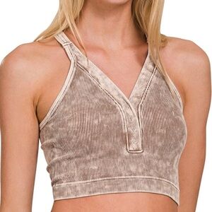 Zenana Outfitters Mocha Button Down Brami Ribbed Crop Top